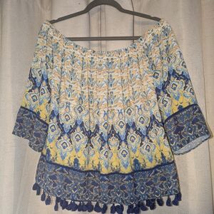 Daniel Cremieux Off-Shoulder Blouse - Blue and Yellow